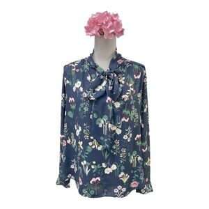 LOFT S Top Navy Blue Floral Print Bow Tied V Neckline Long Sleeve Blouse Sz M